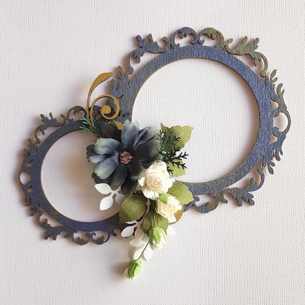 Double Ornate Circle Frames with Blue Blossom and Roses