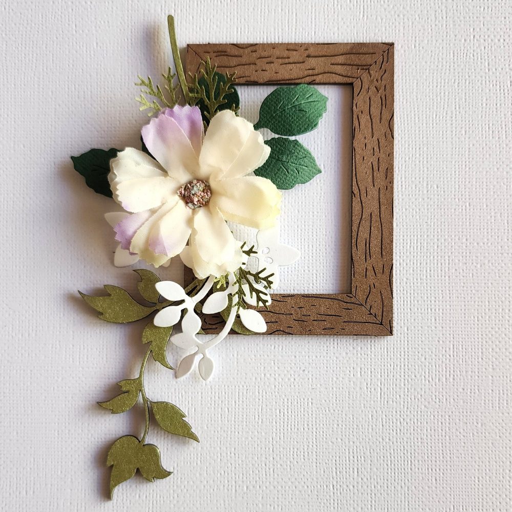 Wood Frame with Foliage and Purple Flower