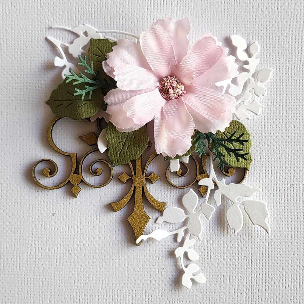 Pink Blossom with Ornate Flourish and Foliage